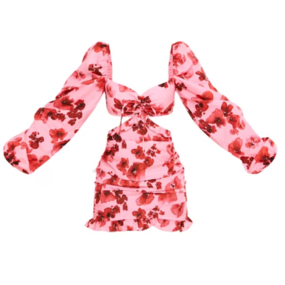 NWT PrettyLittleThing Pink Floral Cut Out Back Shift Long Sleeve Dress US 6